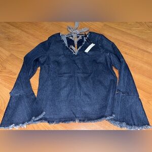 NWT Moelleux Distressed Denim Frayed Plaid Lace-Up Top Women's Size Medium